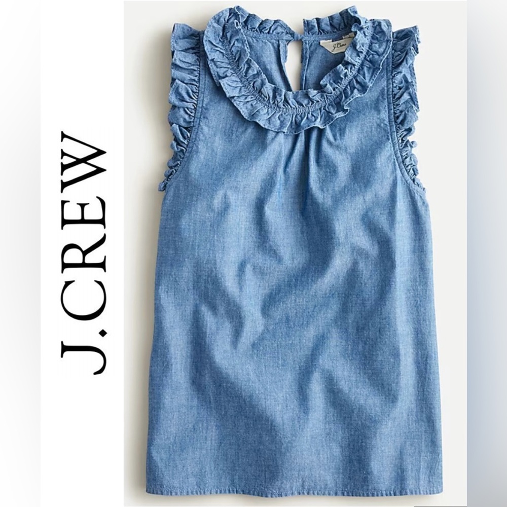 NWT J‎ Crew Women’s Sz S Ruffle-Trim Chambray Top